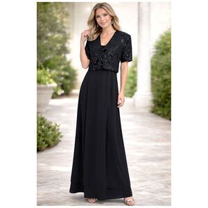 Jeffrey & Dara Evenings Tom Barra Black Velvet Floral Top A-Line Gown Size 12 L